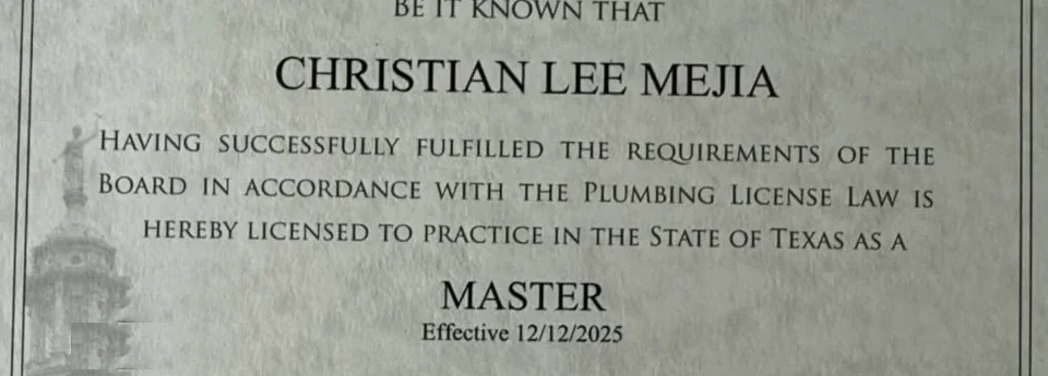 Texas State Board of Plumbing Examiners license for Christian Lee Mejia, Master, effective 12/12/2025